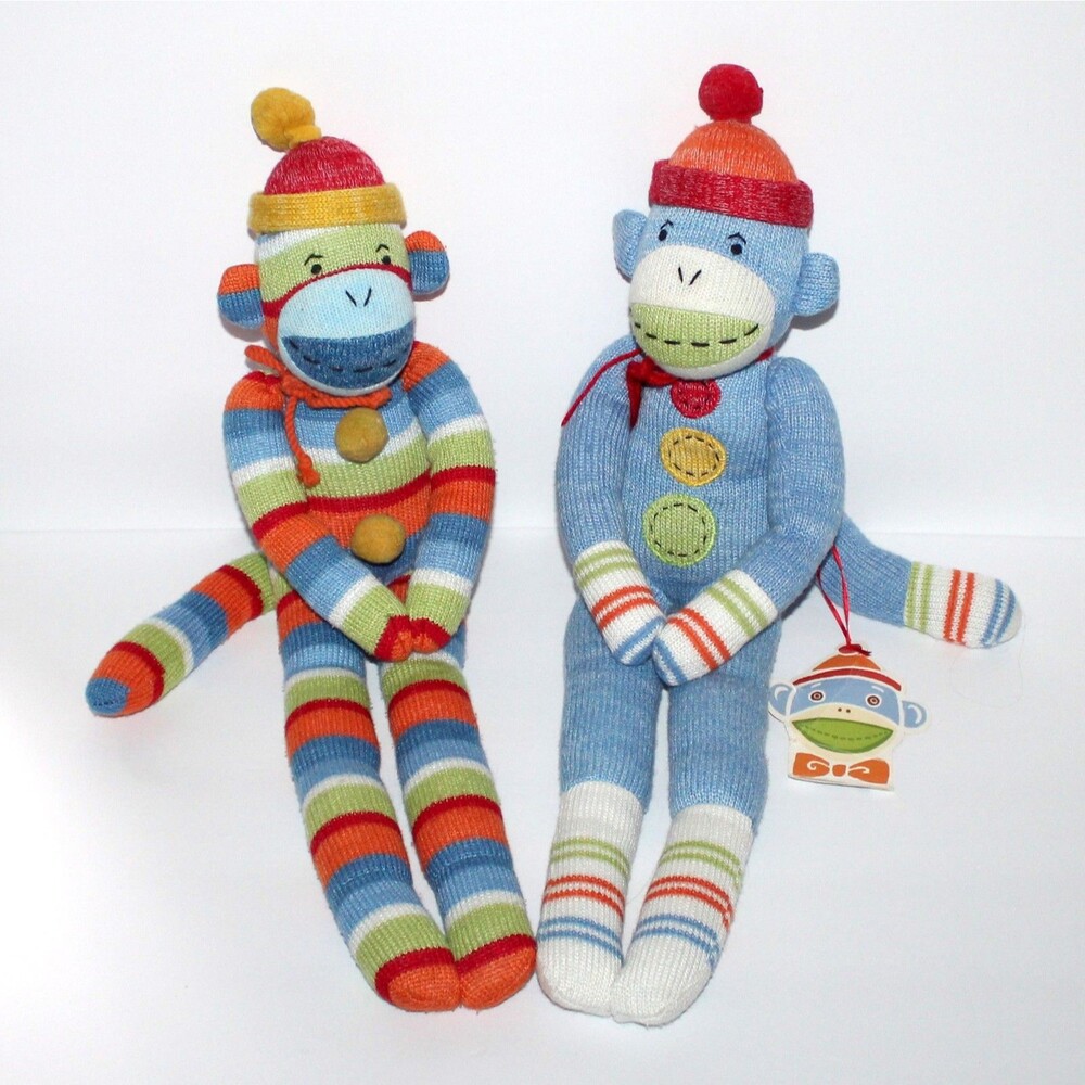 2 Monkeez Sock Monkey plush toy Casey Jasper med magnetic hands 21"